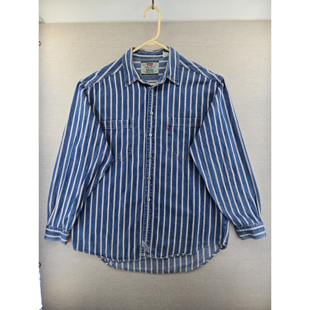 Vtg Levis Shirt Men Large Stripe Redline "Selvedge" Metal Button Denim - Picture 3 of 8